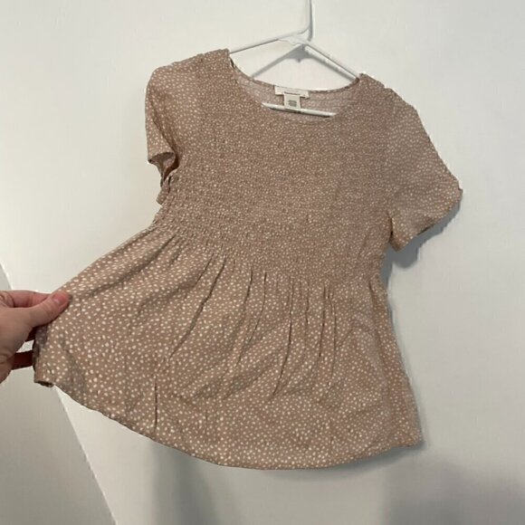 URBAN ROMANTICS URBAN OUTFITTERS UO Taupe Speckled Short Sleeve Smocked Blouse S - Picture 6 of 11
